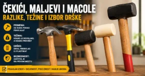 Čekići, gumeni i drveni maljevi i macola sa različitim vrstama drški