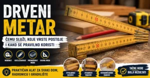 Drveni sklopivi metar na radnom stolu sa olovkom i alatom za merenje i obeležavanje