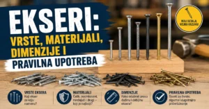 Različite vrste eksera od čelika, inoxa, aluminijuma i mesinga poređane na drvenoj podlozi.