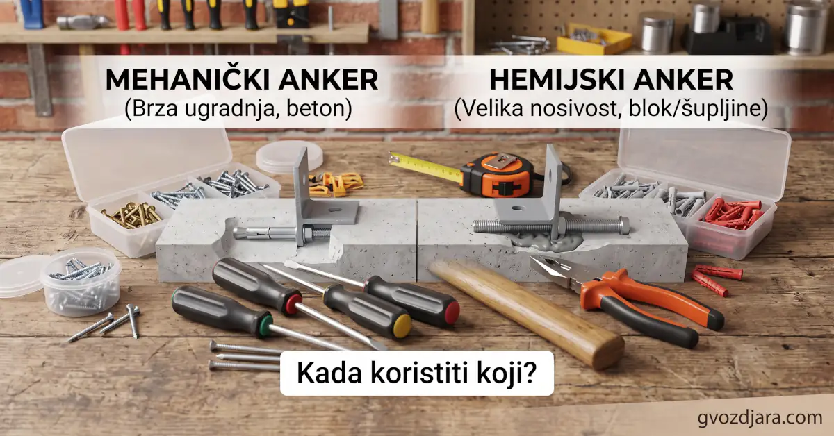 Uporedni prikaz ugradnje mehaničkog metalnog ankera i hemijskog ankera sa smolom na drvenom stolu sa alatima na gvozdjara.com.