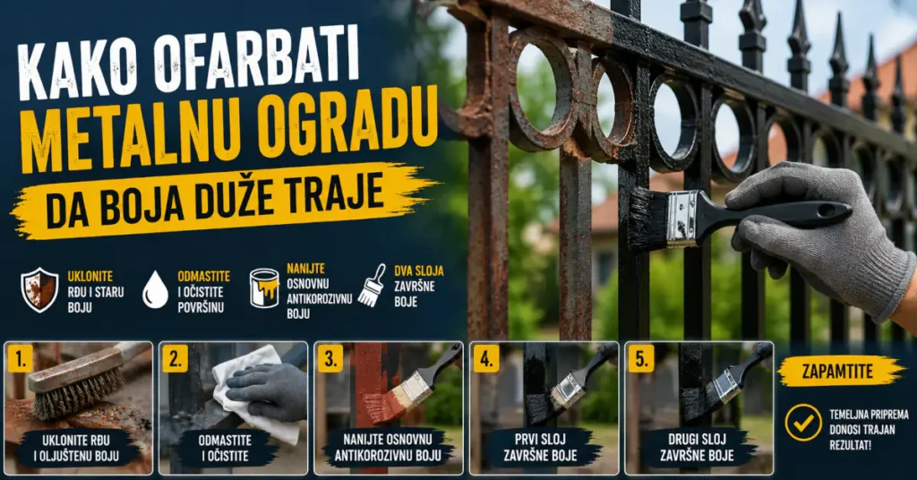 Farbanje zarđale metalne ograde nakon uklanjanja rđe i nanošenja antikorozivnog premaza