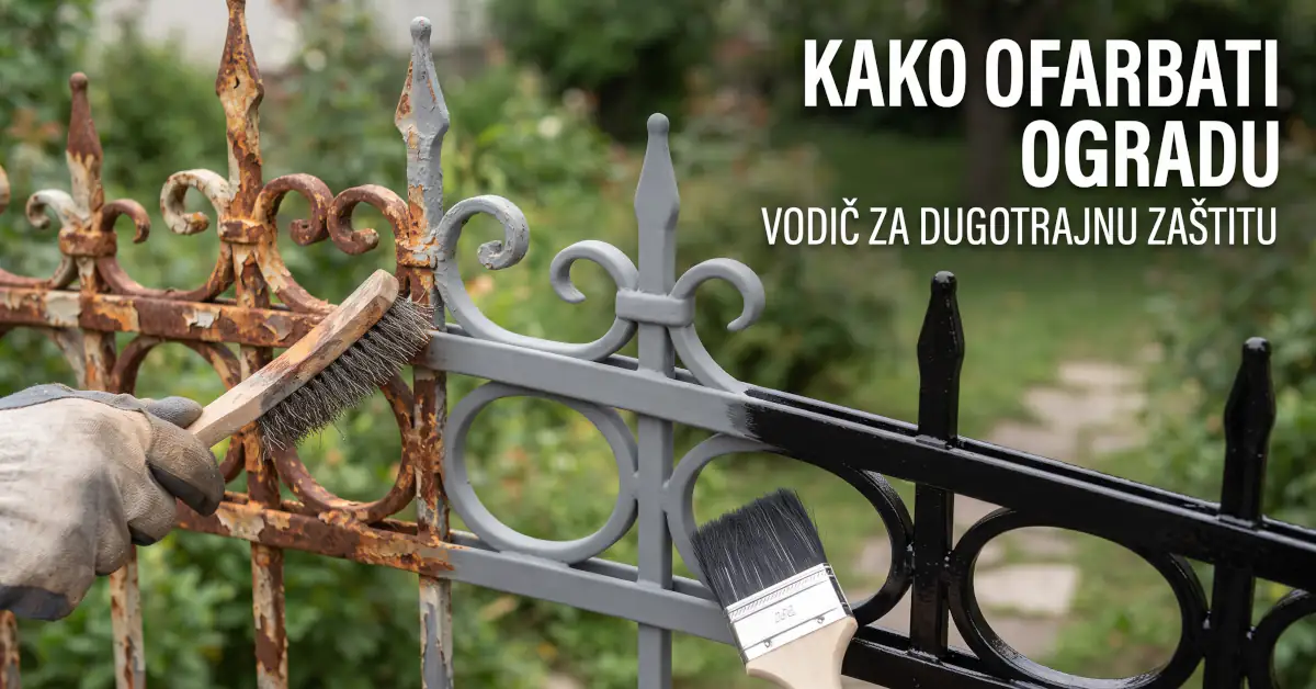 Ruka sa žičanom četkom uklanja rđu sa stare metalne ograde dok se na drugom delu nanosi crna boja