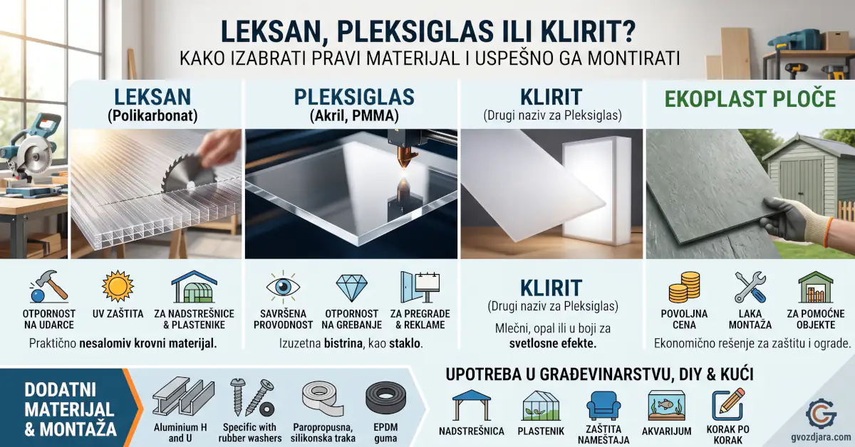 Uređene leksan, pleksiglas, klirit i ekoplast ploče sa prikazom primene, alata za ugradnju i pratećeg pribora poput H i U profila i zaptivki.