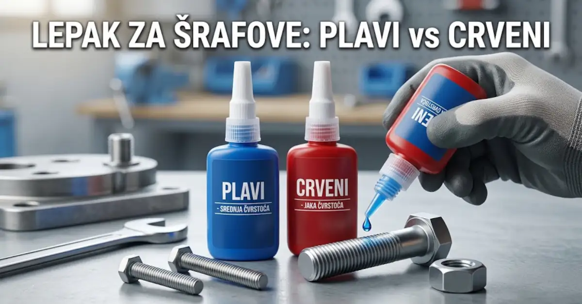 Plava i crvena bočica lepka za šrafove sa kapljicom lepka koja se nanosi na navoj metalnog vijka na radioničkom stolu.