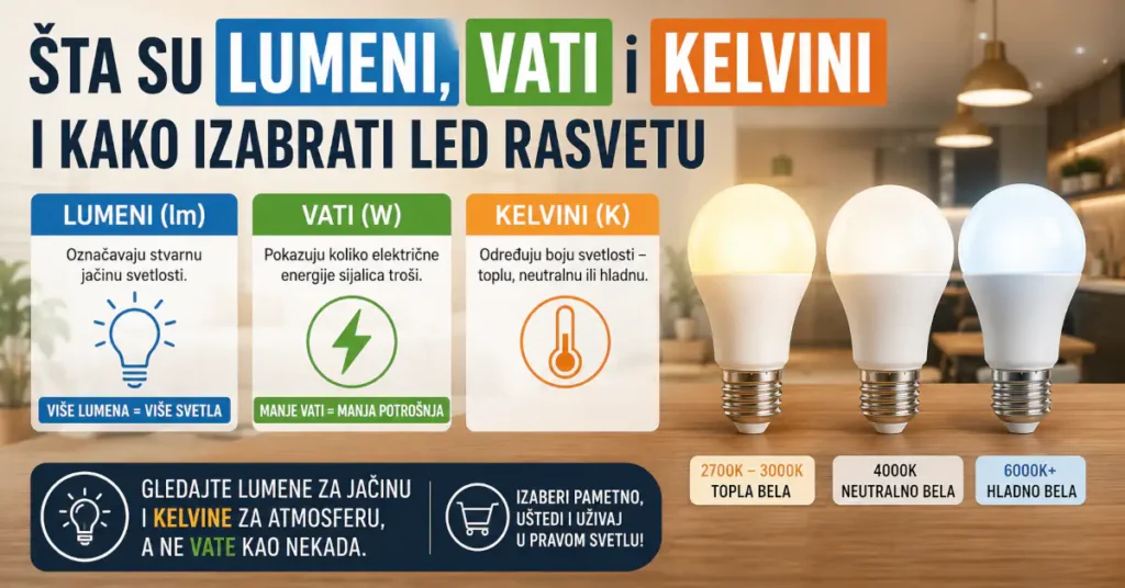 Infografik koji objašnjava razliku između lumena, vati i Kelvina pri izboru LED rasvete.