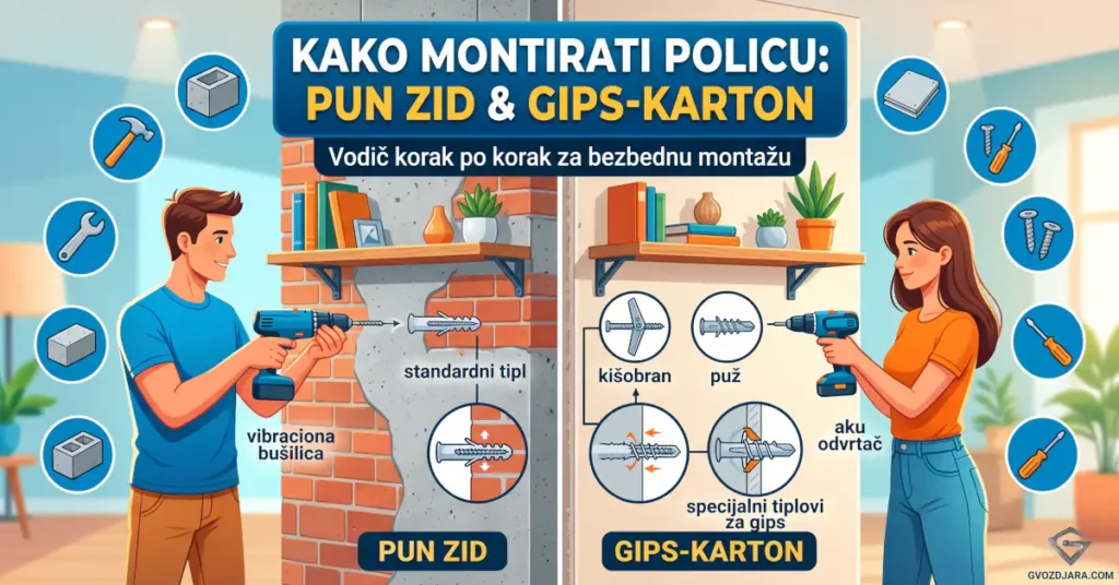 Ilustracija koja prikazuje razliku u alatima i tiplovima pri montaži police na pun zid u odnosu na pregradni gips-karton zid.