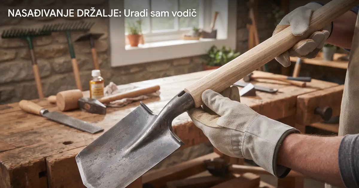 Ruke majstora u radnim rukavicama montiraju novu drvenu držalju na metalnu lopatu u radionici sa alatom.