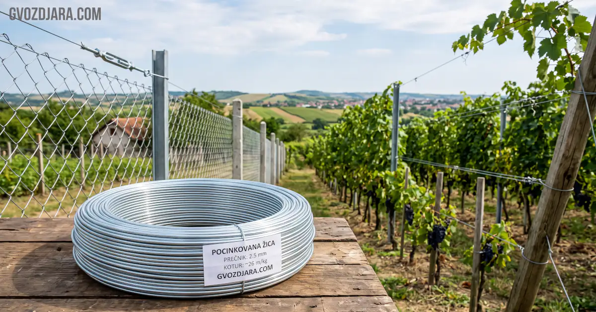 Kotur pocinkovane žice na drvenom stolu pored pletene ograde i redova vinograda.