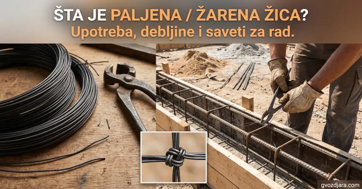 Vezivanje armature kleštima na gradilištu pomoću crne paljene žice i bunt žarene tesarske žice na drvenoj podlozi.