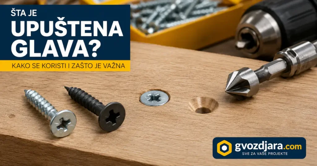 Upušteni šrafovi, upuštač i aku-bušilica na drvenoj površini, prikaz pravilnog upuštanja glave šrafa