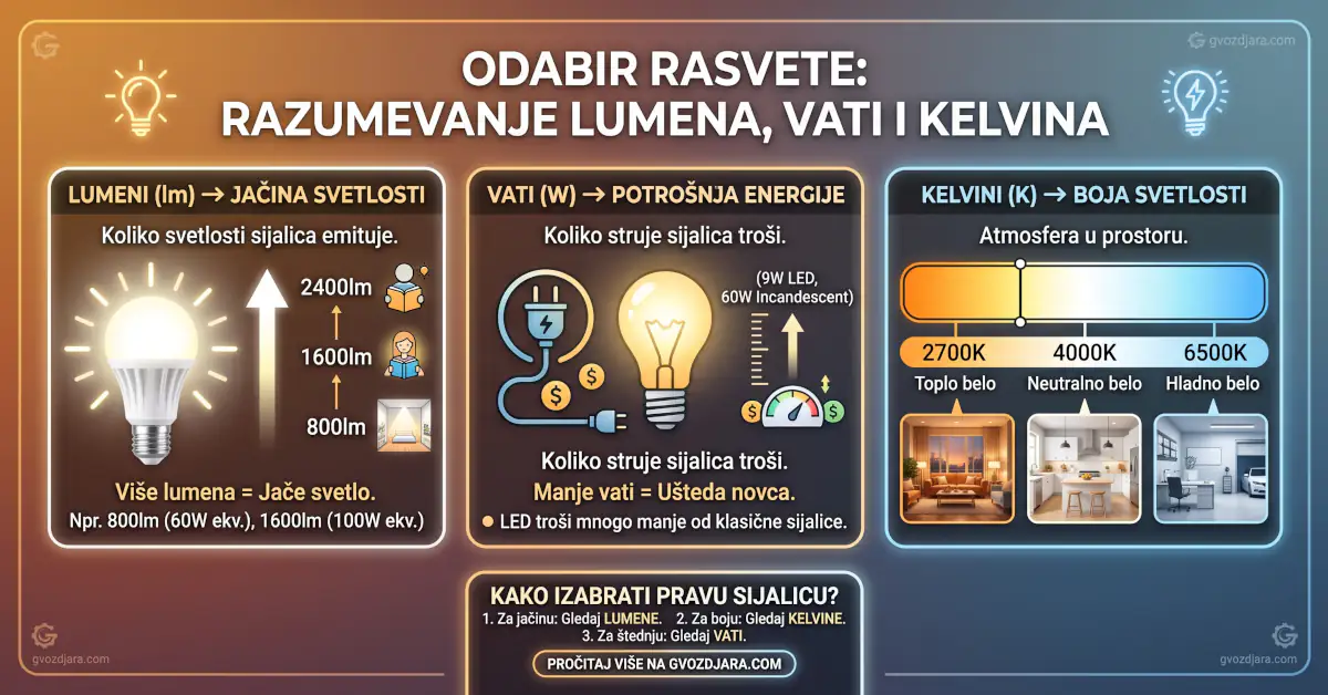 Infografik sa objašnjenjem pojmova lumeni, vati i Kelvini za odabir LED sijalica na sajtu gvozdjara.com.