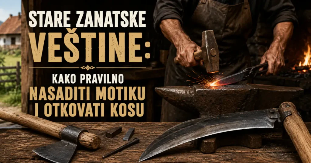 Majstor otkiva kosu na nakovnju, dok su na radnom stolu postavljene kosa, motika, drvena drška i klinovi.