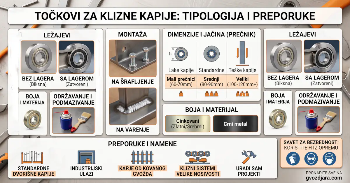 Infografik sa tipovima točkova za klizne kapije po profilu šine, načinu montaže i ležajevima