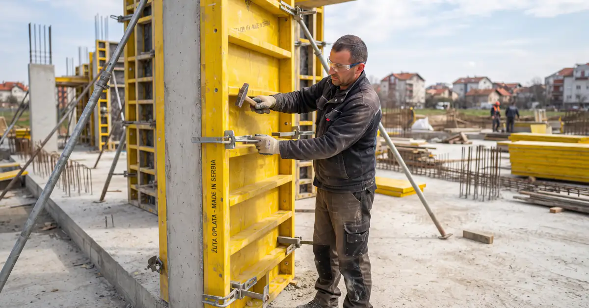 Majstor postavlja žutu oplatnu ploču sa žiletima za šalovanje stuba na gradilištu