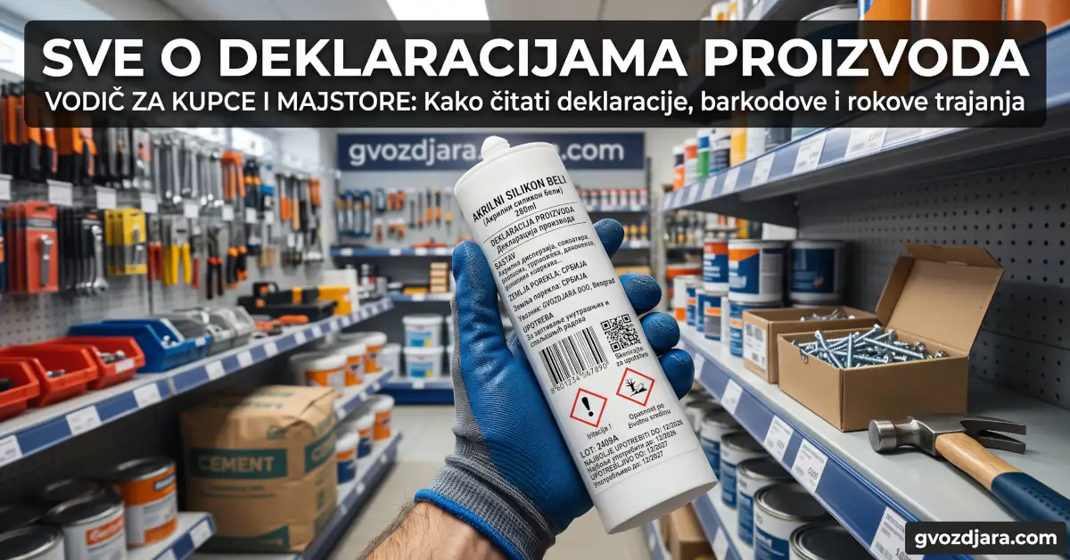Radnik u zaštitnoj rukavici drži kartušu silikona sa vidljivom deklaracijom, barkodom i piktogramima opasnosti na polici u gvožđari
