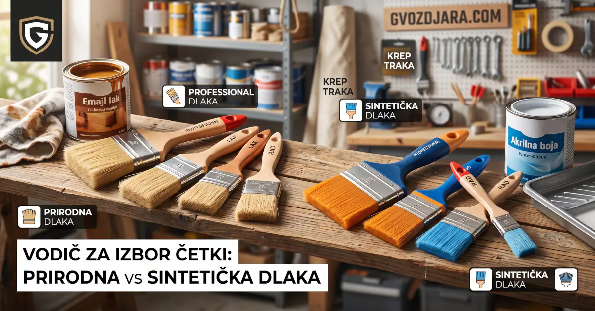 Poređenje četki sa prirodnom i sintetičkom dlakom za uljane i akrilne boje na radionickom stolu.