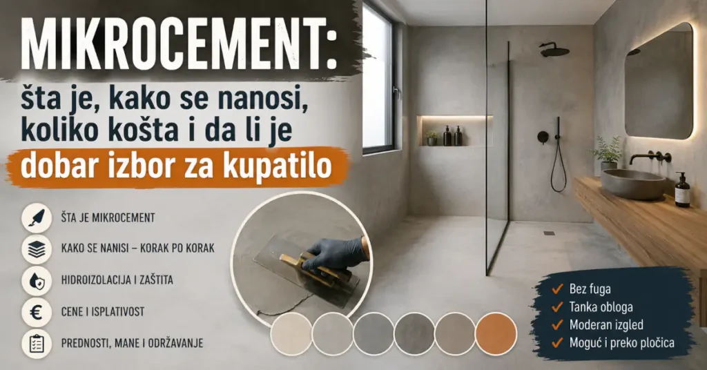Mikrocement u modernom kupatilu sa prikazom nanošenja gletericom, bojama, hidroizolacijom i prednostima završne obloge bez fuga