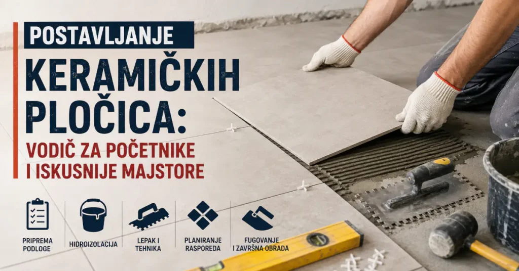 Postavljanje keramičkih pločica na pod uz lepak, distancere, libelu i keramičarski alat