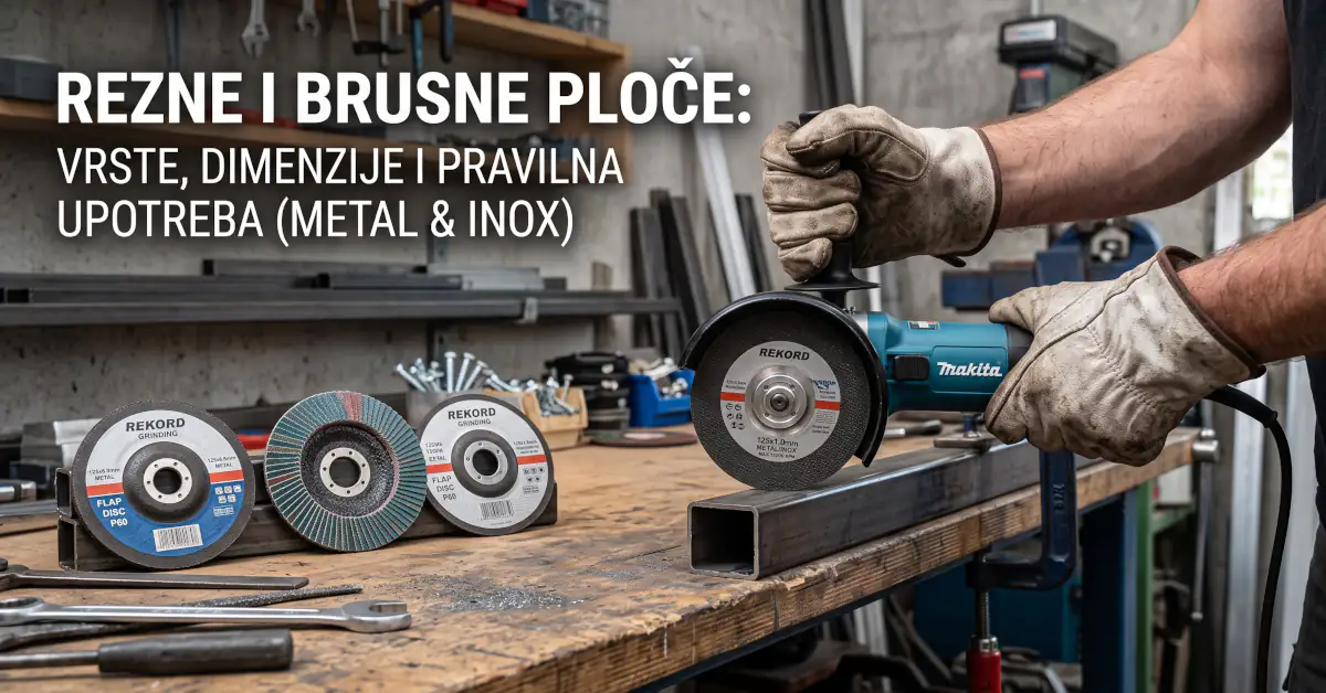 Ugaona brusilica seče metalni profil na radnom stolu sa prikazanim reznim, brusnim i lamelnim pločama za metal i inox.