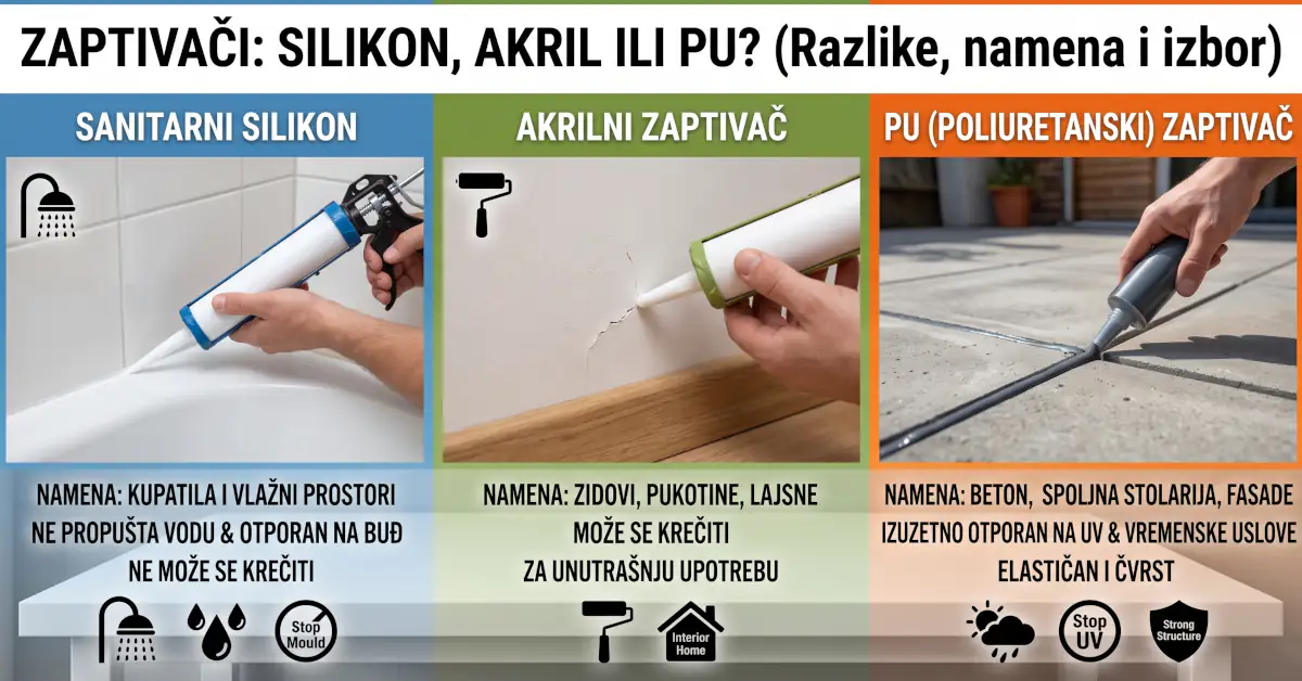Uporedni prikaz primene sanitarnog silikona u kupatilu, akrilnog zaptivača na zidu i PU zaptivača na betonu