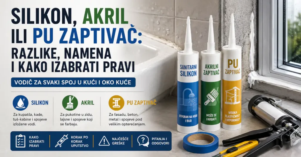 Silikon, akril i PU zaptivač sa pištoljem za kartuše, prikaz razlika i namene za kupatilo, zidove i građevinske spojeve.