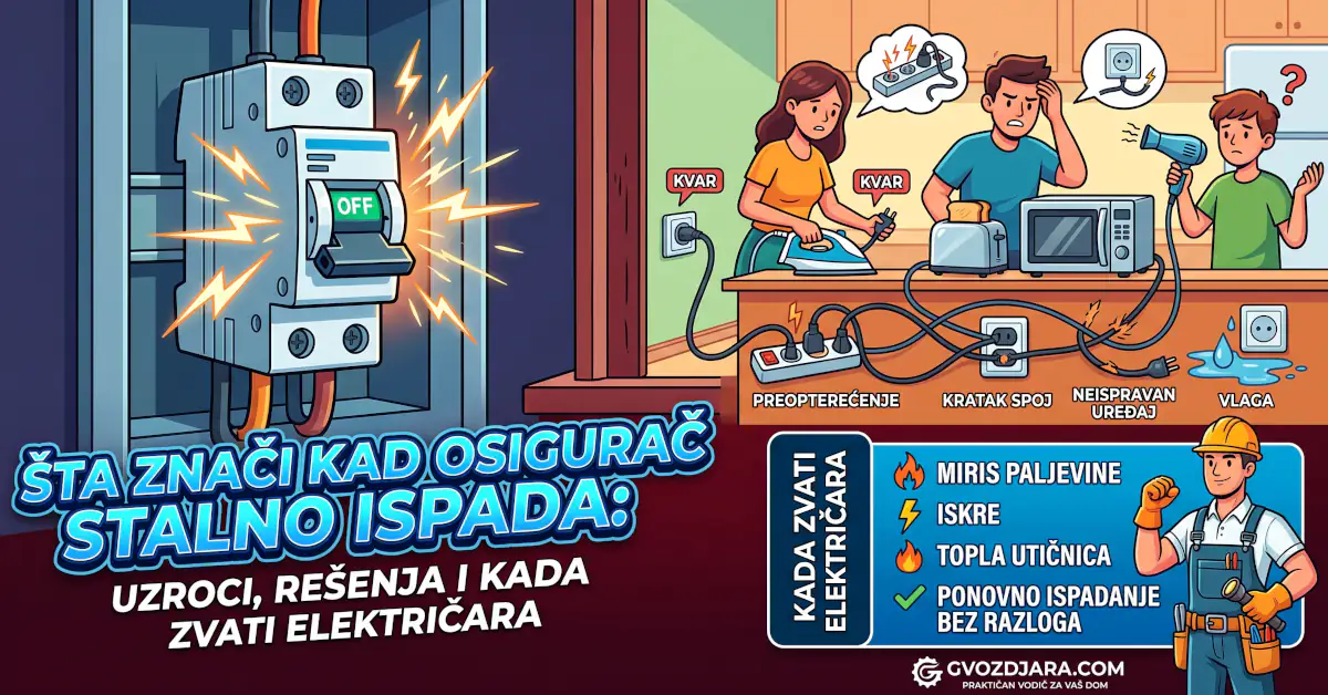 Ilustracija razvodne table sa automatskim osiguračem koji ispada usled preopterećenja i kratkog spoja u kućnoj instalaciji.