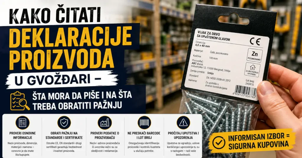 Kako čitati deklaracije proizvoda u gvožđari – primer deklaracije na pakovanju vijaka sa barkodom, podacima o proizvođaču i tehničkim oznakama.