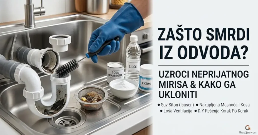 Čišćenje rasklopljenog sifona sudopere sa naslagama prljavštine, soda bikarbona, sirće i mrežica za odvod