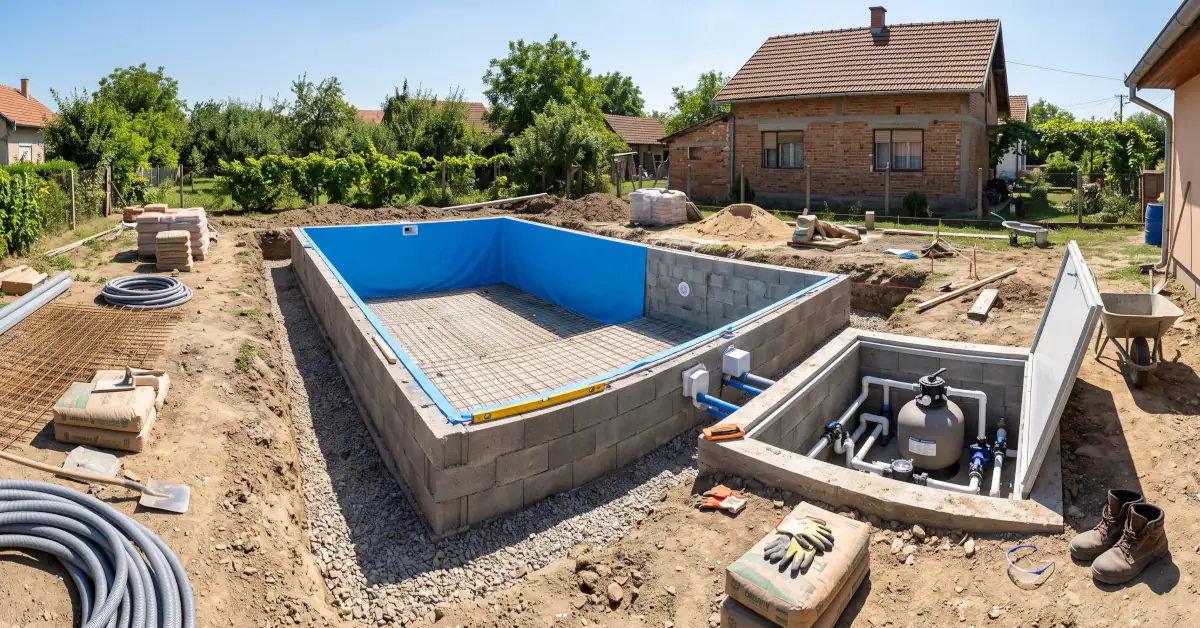 Poluizgrađen betonski bazen u dvorištu sa postavljenom plavom folijom, PVC cevima i otvorenom šahtom za pumpu i filter.