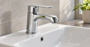 Hromirana jednoručna baterija postavljena na beli keramički lavabo u kupatilu.